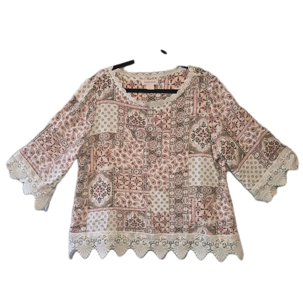 ALLISON DALEY Pink Paisley Patch Blouse Women's Large 3/4 Sleeve Lace Trim Top